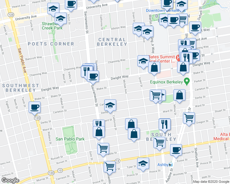 map of restaurants, bars, coffee shops, grocery stores, and more near 1630 Blake Street in Berkeley
