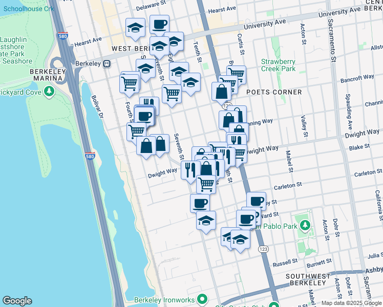 map of restaurants, bars, coffee shops, grocery stores, and more near 2418 Eighth Street in Berkeley