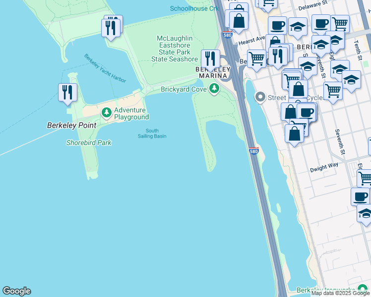 map of restaurants, bars, coffee shops, grocery stores, and more near San Francisco Bay Trail in Berkeley
