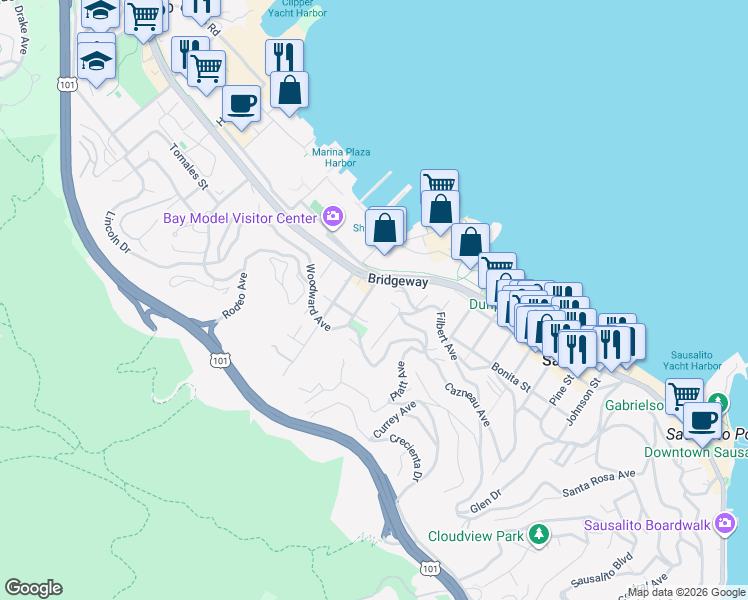 map of restaurants, bars, coffee shops, grocery stores, and more near in Sausalito