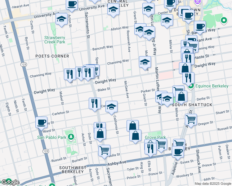 map of restaurants, bars, coffee shops, grocery stores, and more near 1615 Parker Street in Berkeley
