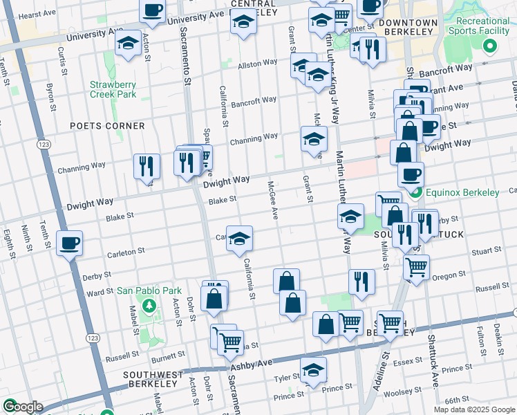 map of restaurants, bars, coffee shops, grocery stores, and more near 1630 Blake Street in Berkeley
