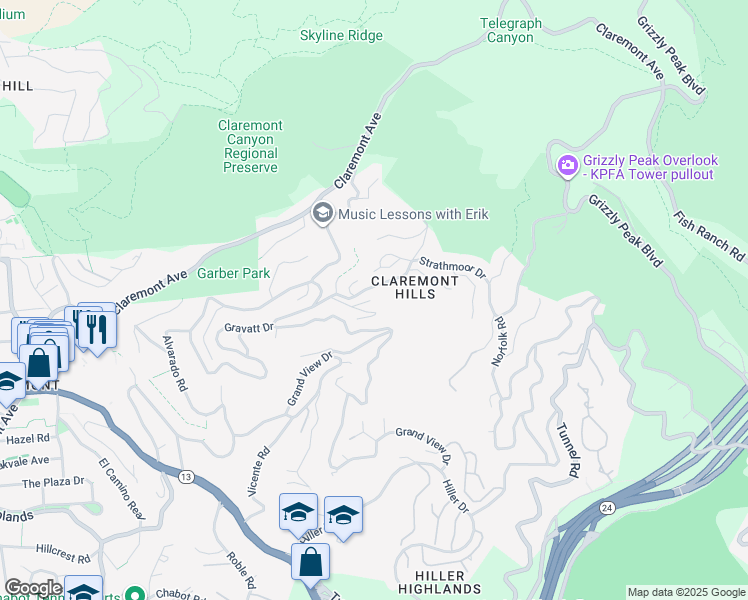 map of restaurants, bars, coffee shops, grocery stores, and more near 40 Drury Road in Berkeley