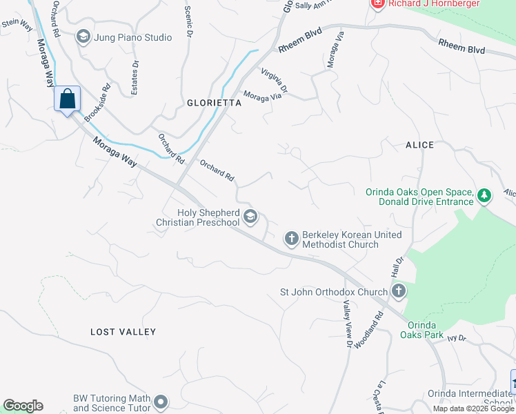 map of restaurants, bars, coffee shops, grocery stores, and more near 273 Orchard Road in Orinda