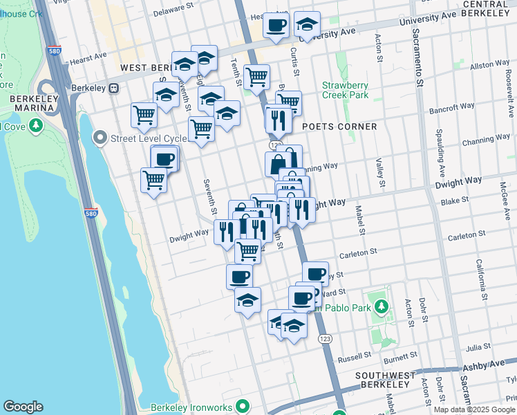 map of restaurants, bars, coffee shops, grocery stores, and more near 2425 Ninth Street in Berkeley