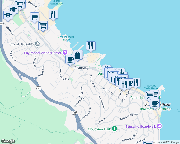 map of restaurants, bars, coffee shops, grocery stores, and more near 1741 Bridgeway in Sausalito