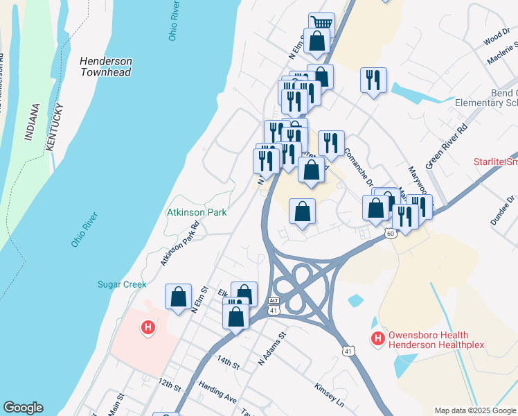 map of restaurants, bars, coffee shops, grocery stores, and more near 1766-1886 North Elm Street in Henderson