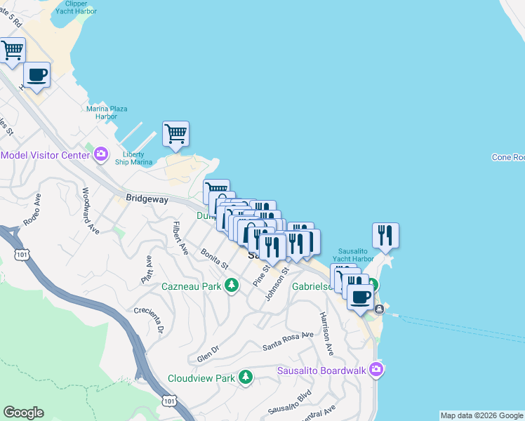 map of restaurants, bars, coffee shops, grocery stores, and more near 225 Locust Street in Sausalito