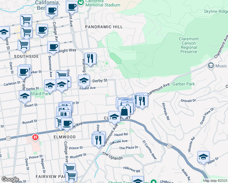 map of restaurants, bars, coffee shops, grocery stores, and more near 2740 Belrose Avenue in Berkeley