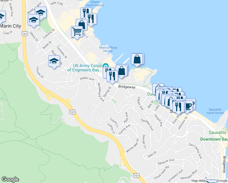 map of restaurants, bars, coffee shops, grocery stores, and more near 522 Easterby Street in Sausalito