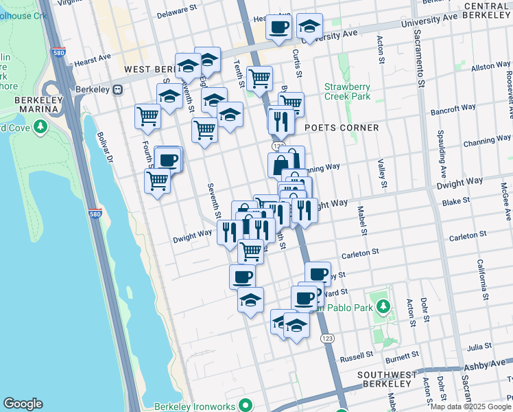 map of restaurants, bars, coffee shops, grocery stores, and more near 2433 Ninth Street in Berkeley