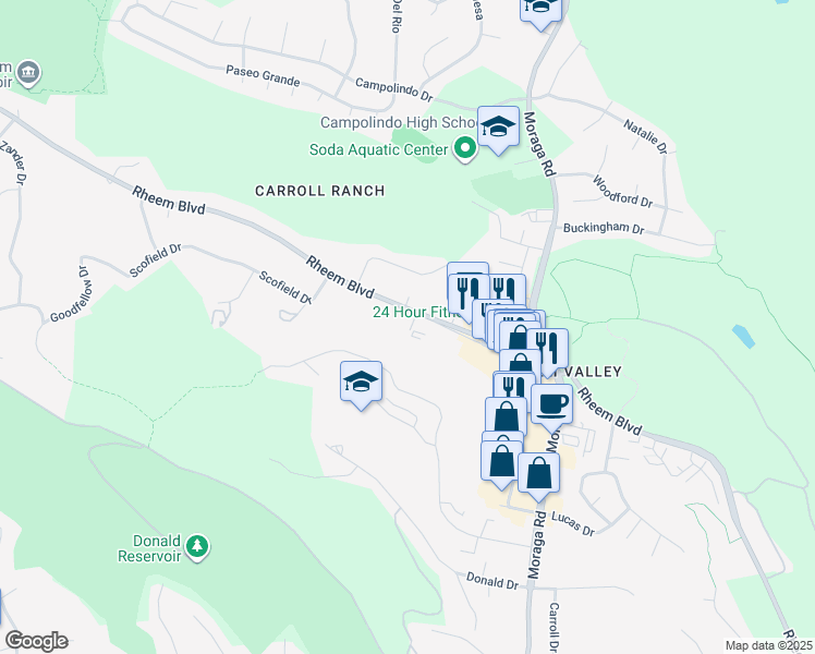map of restaurants, bars, coffee shops, grocery stores, and more near 344 Rheem Boulevard in Moraga