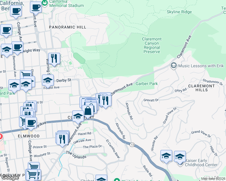 map of restaurants, bars, coffee shops, grocery stores, and more near 7365 Claremont Avenue in Berkeley