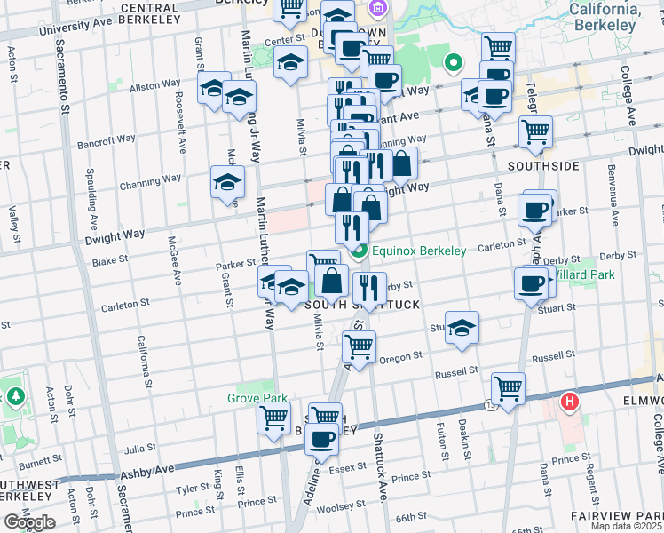 map of restaurants, bars, coffee shops, grocery stores, and more near 2036 Parker Street in Berkeley
