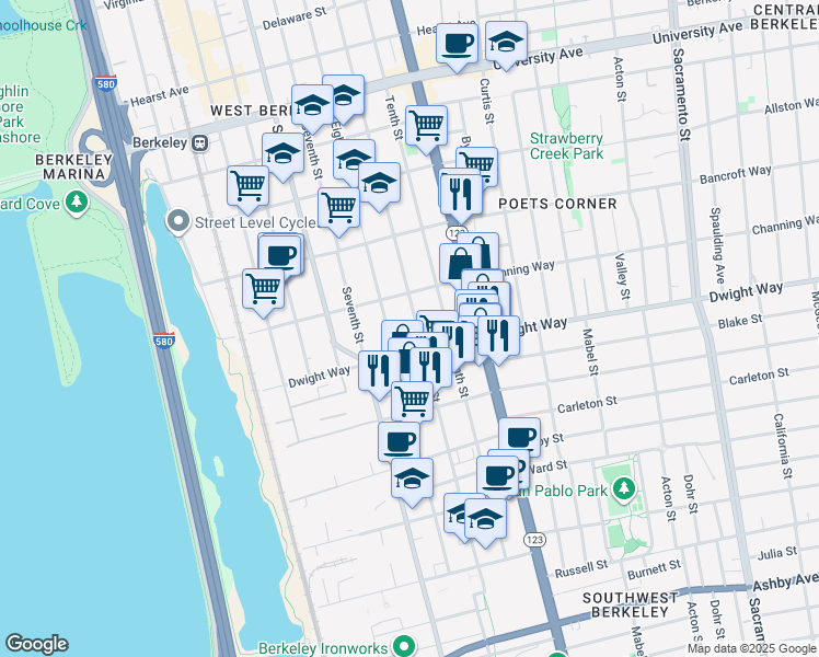 map of restaurants, bars, coffee shops, grocery stores, and more near 2425 Ninth Street in Berkeley