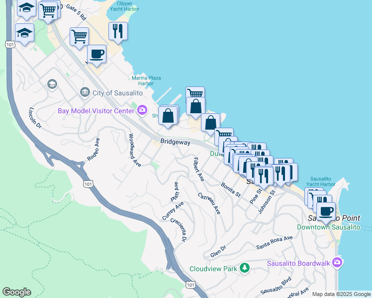 map of restaurants, bars, coffee shops, grocery stores, and more near 1741 Bridgeway in Sausalito