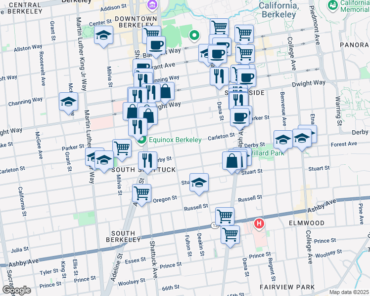 map of restaurants, bars, coffee shops, grocery stores, and more near 2222 Carleton Street in Berkeley