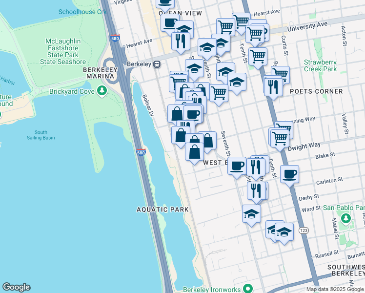 map of restaurants, bars, coffee shops, grocery stores, and more near 2380 Fourth Street in Berkeley