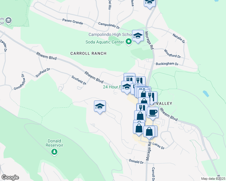 map of restaurants, bars, coffee shops, grocery stores, and more near 344 Rheem Boulevard in Moraga