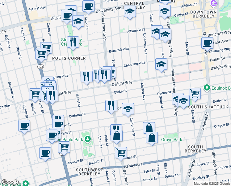 map of restaurants, bars, coffee shops, grocery stores, and more near 1516 Blake Street in Berkeley