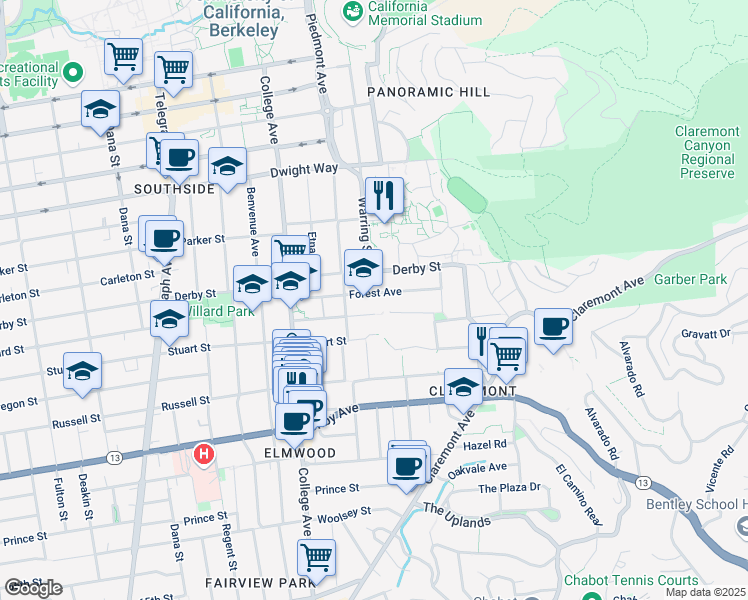map of restaurants, bars, coffee shops, grocery stores, and more near 2824 Forest Avenue in Berkeley