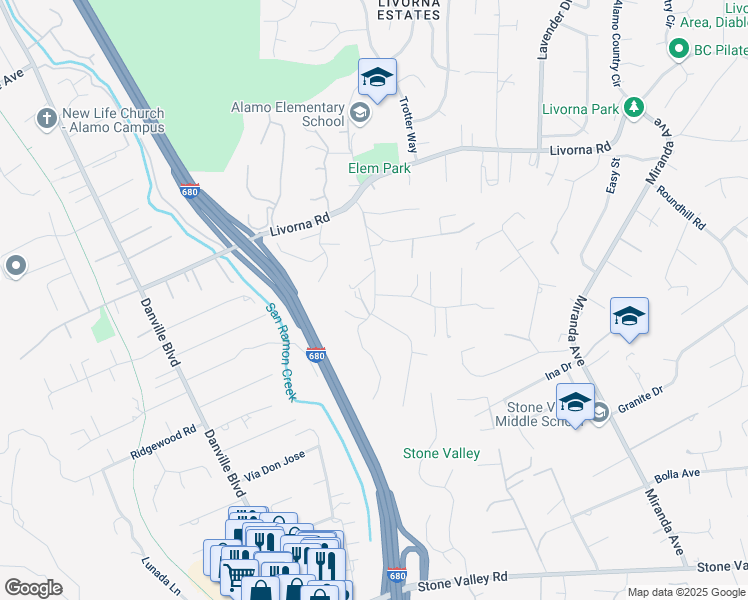 map of restaurants, bars, coffee shops, grocery stores, and more near 257 Vernal Drive in Alamo