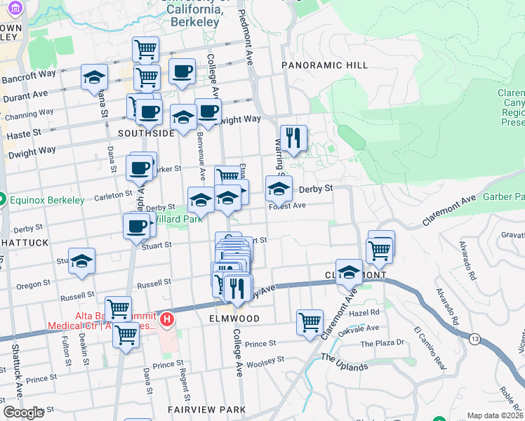 map of restaurants, bars, coffee shops, grocery stores, and more near 2720 Piedmont Avenue in Berkeley