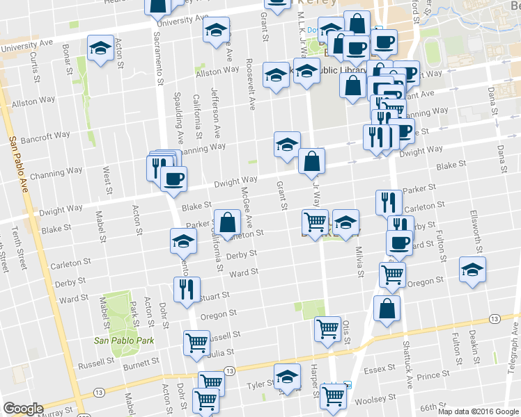 map of restaurants, bars, coffee shops, grocery stores, and more near 1715 Parker Street in Berkeley