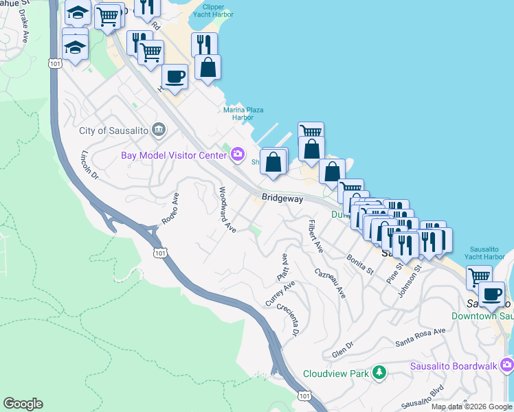 map of restaurants, bars, coffee shops, grocery stores, and more near in Sausalito