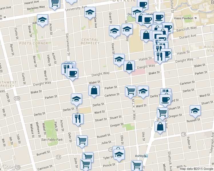 map of restaurants, bars, coffee shops, grocery stores, and more near 1715 Parker Street in Berkeley