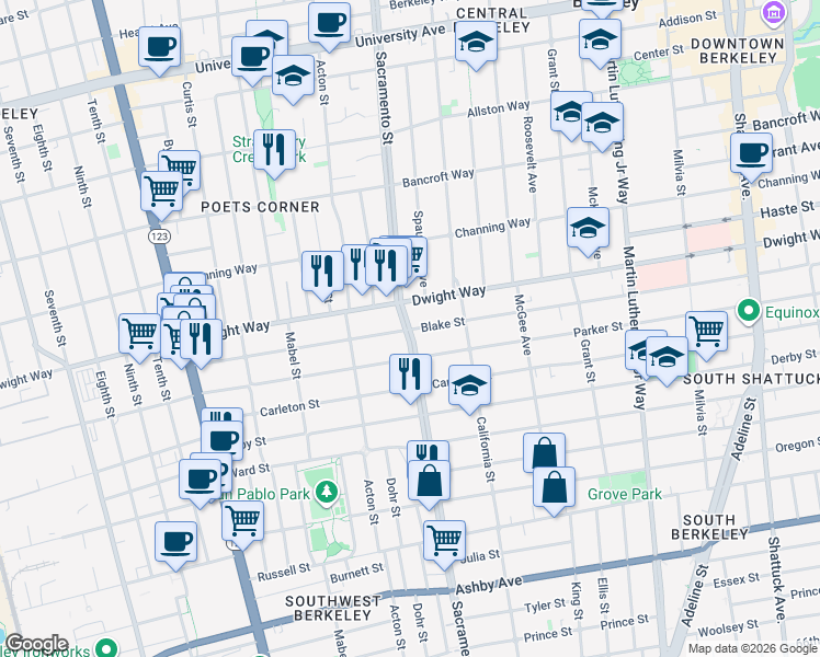 map of restaurants, bars, coffee shops, grocery stores, and more near 1515a Blake Street in Berkeley