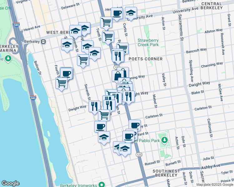 map of restaurants, bars, coffee shops, grocery stores, and more near 2439 Tenth Street in Berkeley