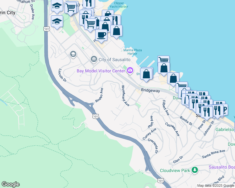 map of restaurants, bars, coffee shops, grocery stores, and more near in Sausalito