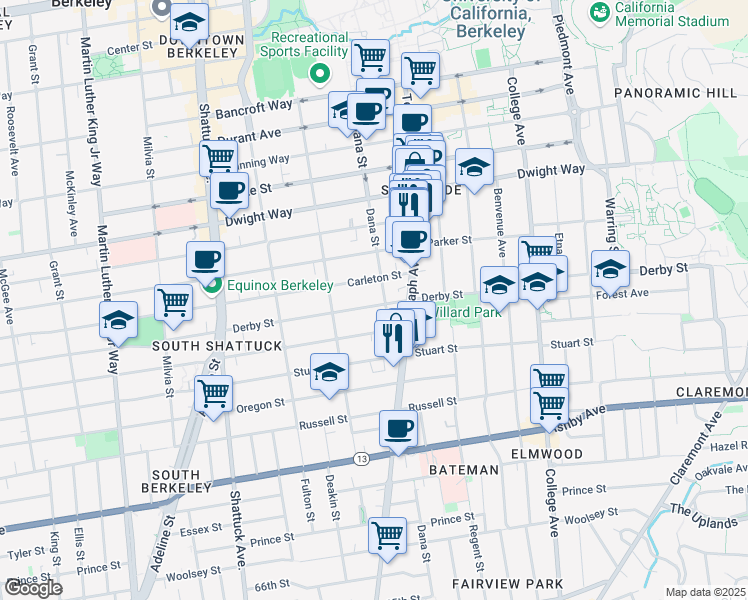 map of restaurants, bars, coffee shops, grocery stores, and more near 2341 Derby St in Berkeley