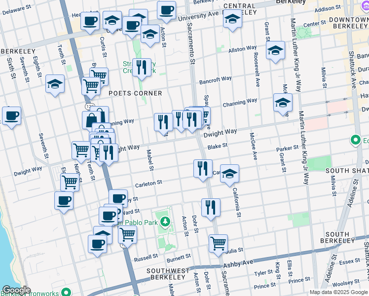 map of restaurants, bars, coffee shops, grocery stores, and more near 1431 Blake Street in Berkeley