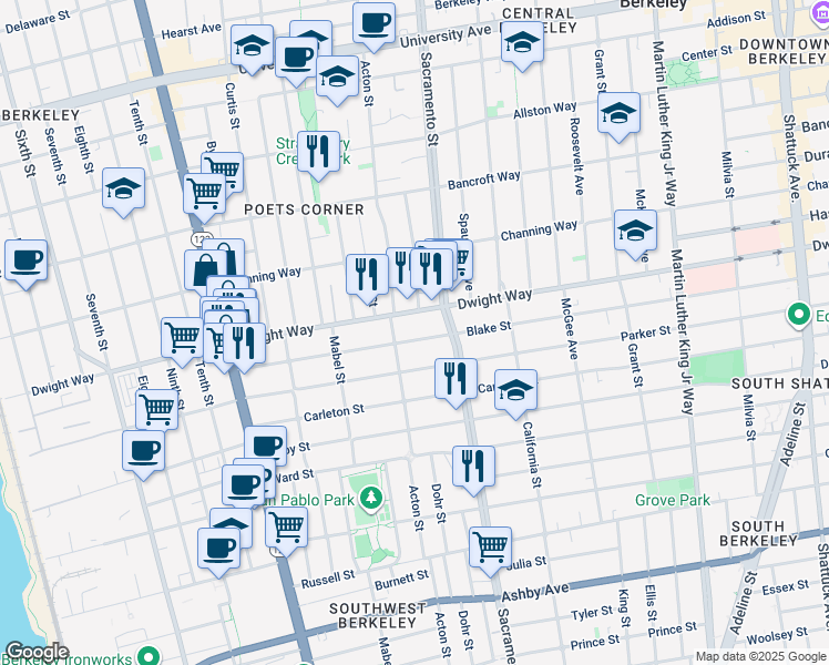 map of restaurants, bars, coffee shops, grocery stores, and more near 1431 Blake Street in Berkeley