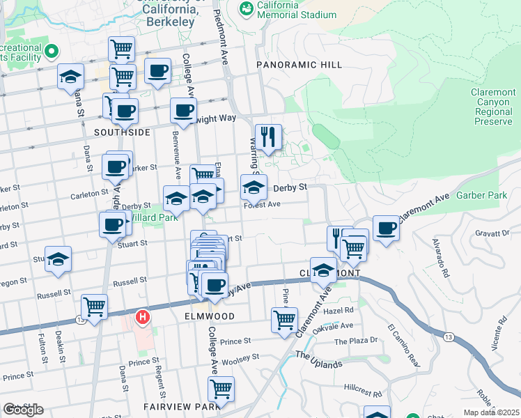map of restaurants, bars, coffee shops, grocery stores, and more near 2824 Forest Avenue in Berkeley
