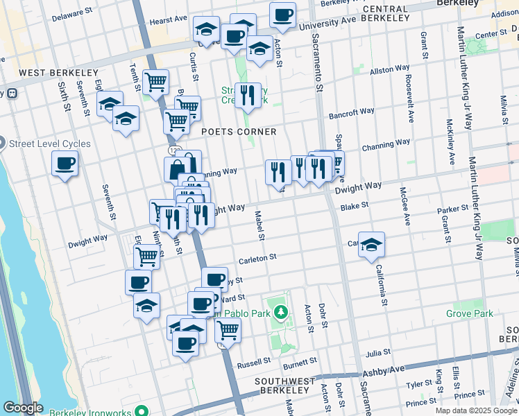 map of restaurants, bars, coffee shops, grocery stores, and more near 2501 Mabel Street in Berkeley