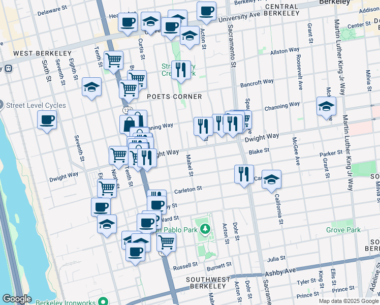 map of restaurants, bars, coffee shops, grocery stores, and more near 2501 Mabel Street in Berkeley