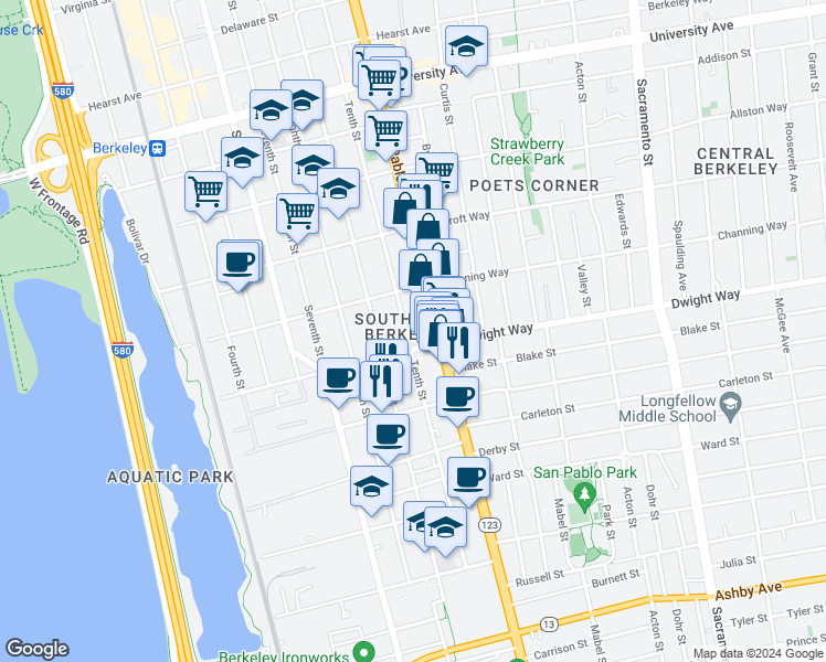 map of restaurants, bars, coffee shops, grocery stores, and more near 2439 Tenth Street in Berkeley