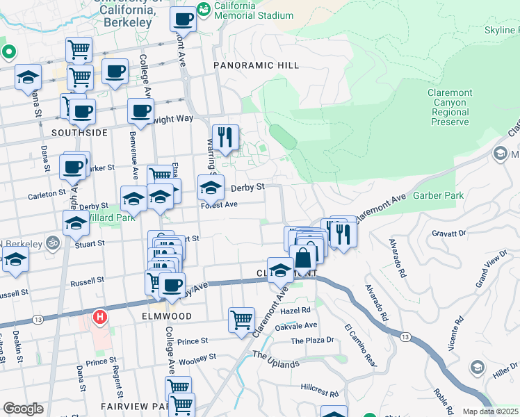 map of restaurants, bars, coffee shops, grocery stores, and more near 2728 Claremont Boulevard in Berkeley