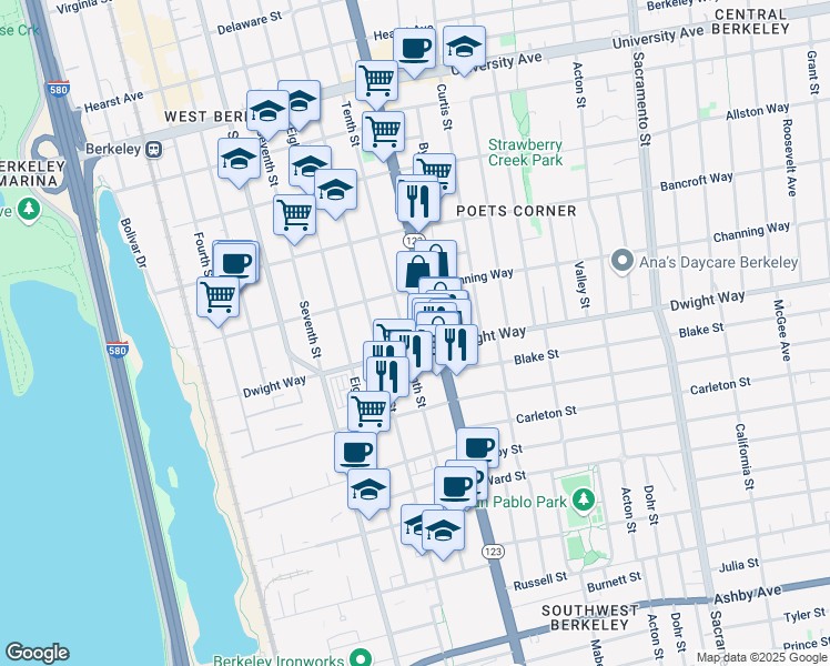 map of restaurants, bars, coffee shops, grocery stores, and more near 2439 Tenth Street in Berkeley