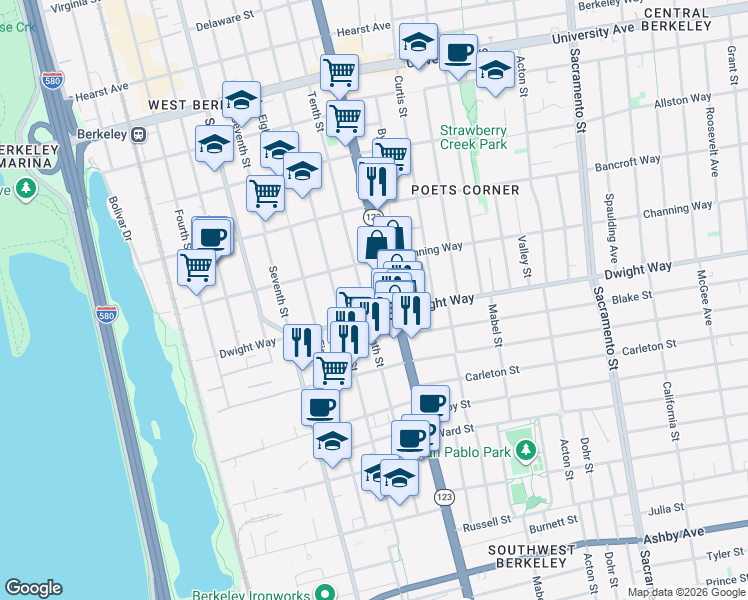 map of restaurants, bars, coffee shops, grocery stores, and more near 2439 Tenth Street in Berkeley