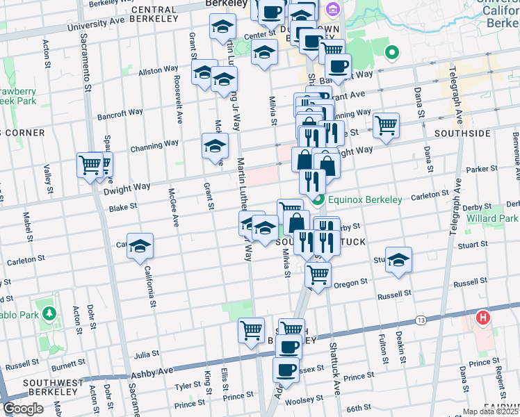 map of restaurants, bars, coffee shops, grocery stores, and more near 1918 Parker Street in Berkeley
