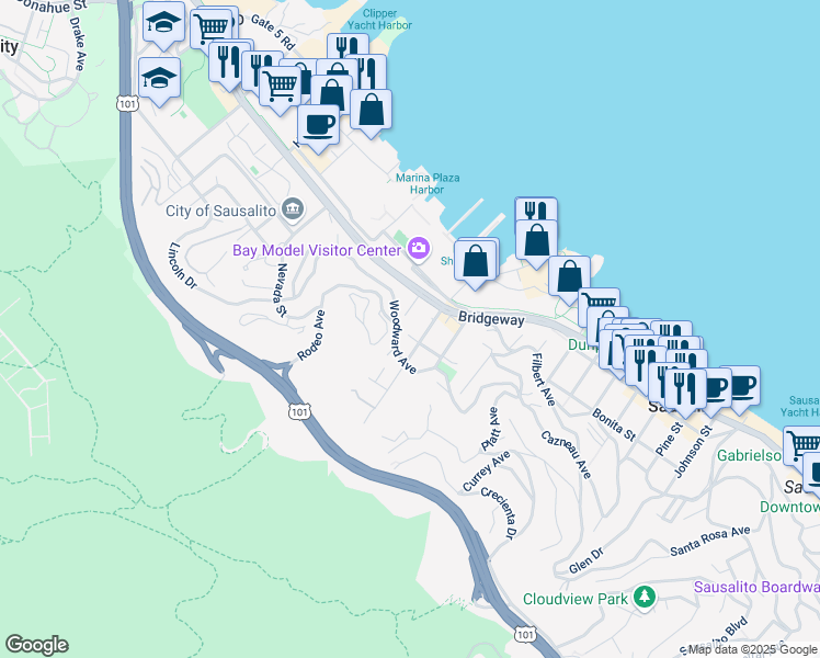 map of restaurants, bars, coffee shops, grocery stores, and more near 110 Pearl Street in Sausalito
