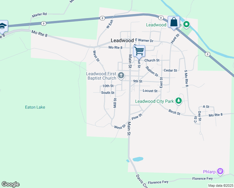 map of restaurants, bars, coffee shops, grocery stores, and more near 1106 Mill Street in Leadwood