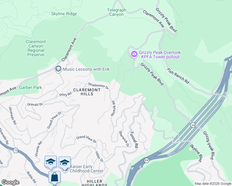 map of restaurants, bars, coffee shops, grocery stores, and more near 7115 Marlborough Terrace in Berkeley