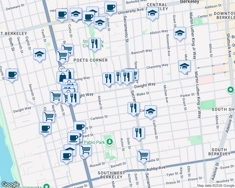map of restaurants, bars, coffee shops, grocery stores, and more near 2509 Acton Street in Berkeley