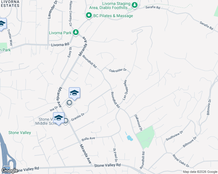 map of restaurants, bars, coffee shops, grocery stores, and more near 2994 Roundhill Road in Alamo