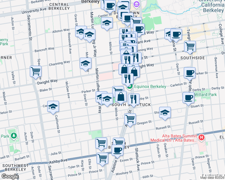 map of restaurants, bars, coffee shops, grocery stores, and more near 2609 Milvia Street in Berkeley